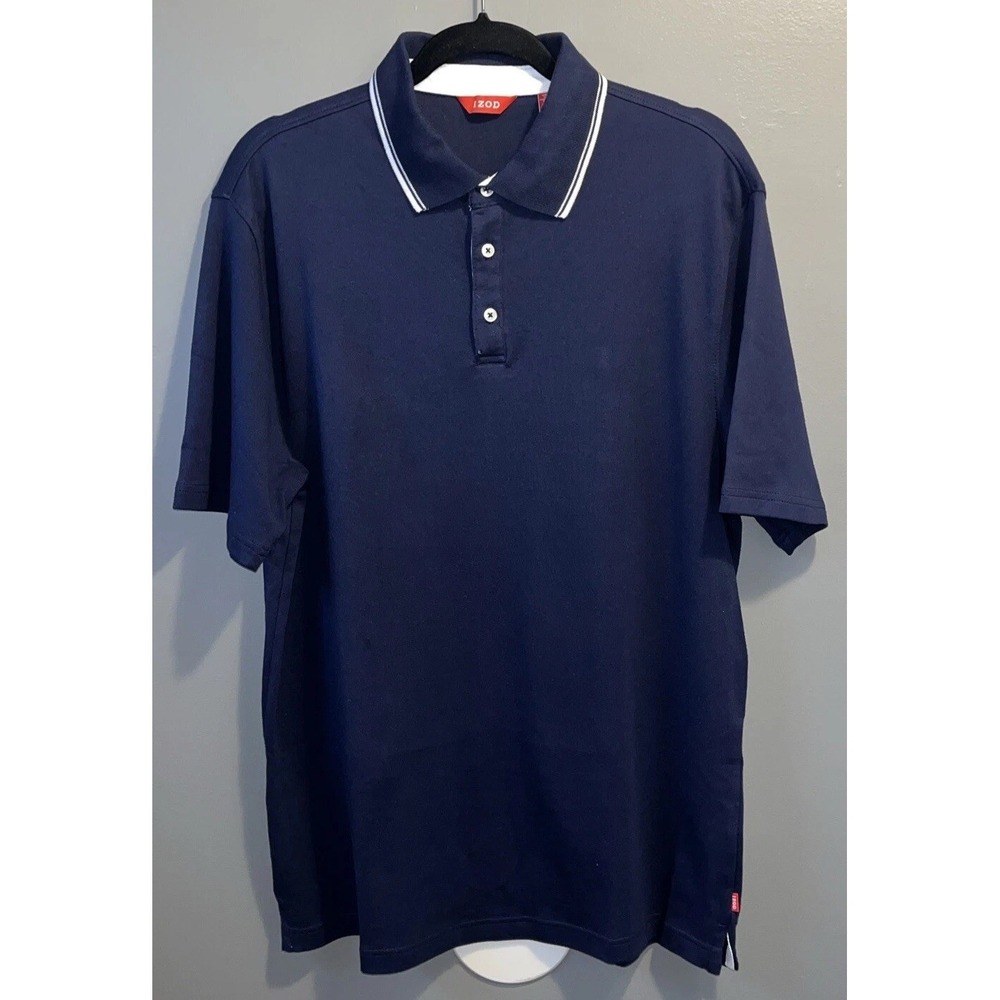 IZOD Golf Polo Shirt Mens L Short Sleeve Soft Cotton Blue White Trim Collar